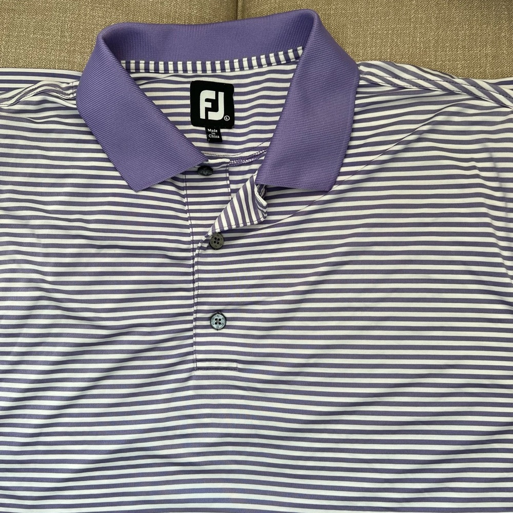 Mens Footjoy purple and white stripe golf polo shirt.